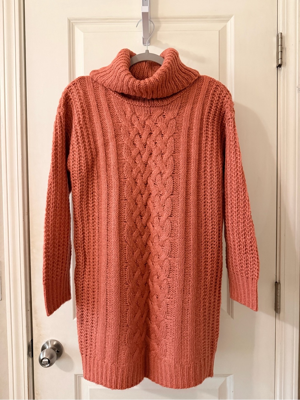 Rewind Coral Cable Knit Turtleneck Sweater Dress- Peach Small